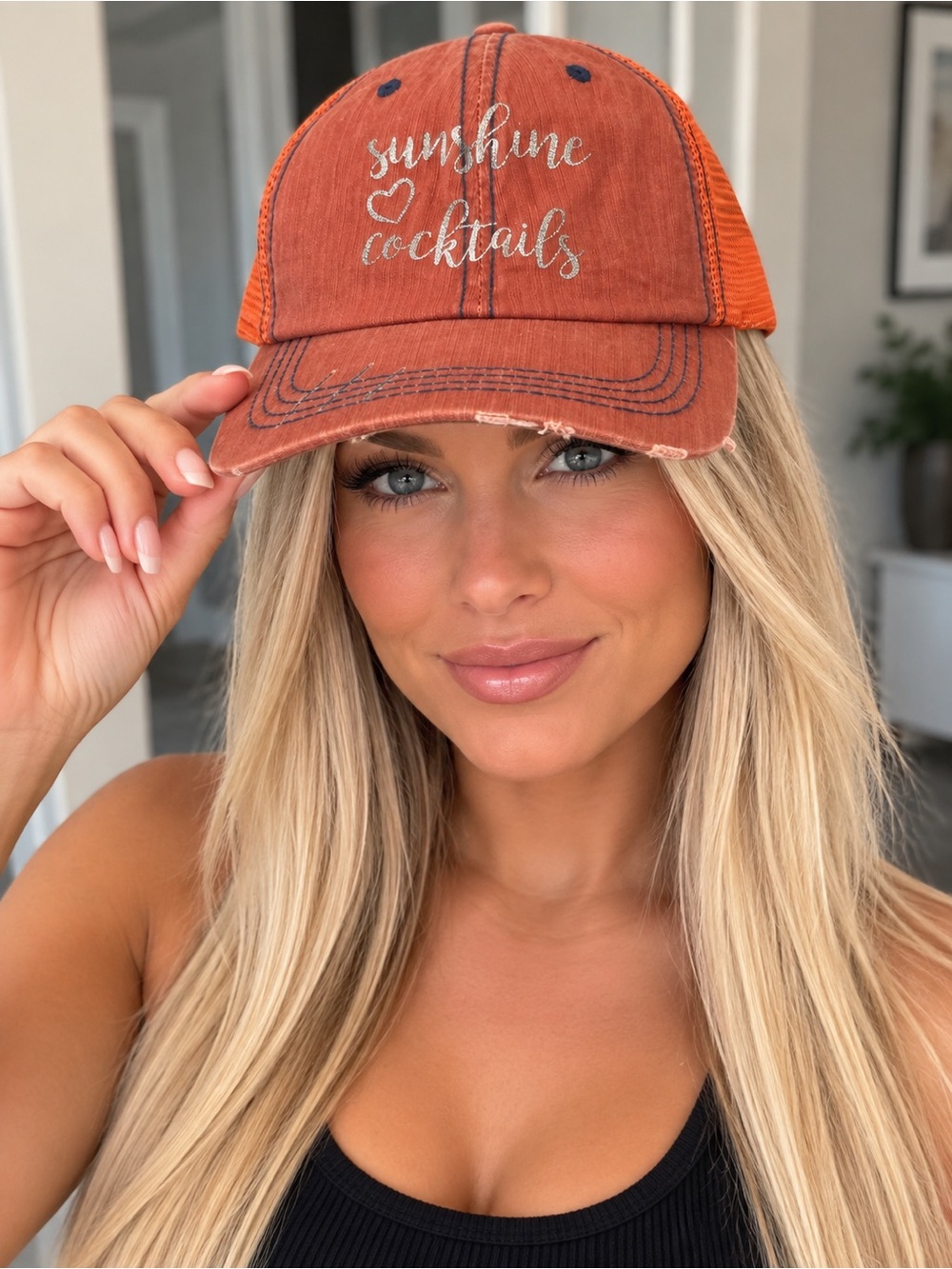 Distressed Orange Mesh-Back Hat with Silver Vinyl